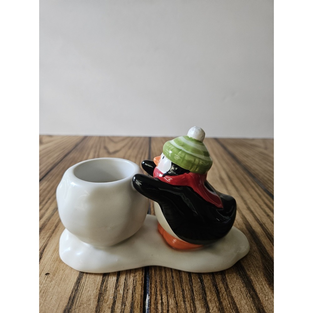 Tea Light Holder Ceramic Penguin Pushing Snowball Hallmark Christmas Cottage
